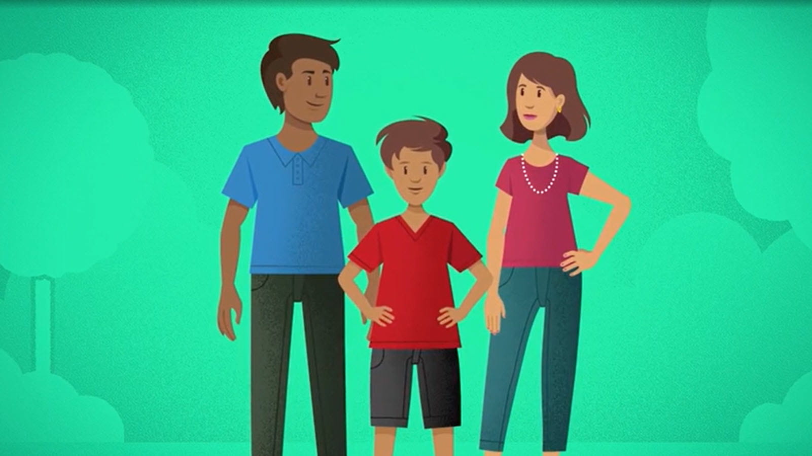 illustration of mom and dad with school-age son on green tree background